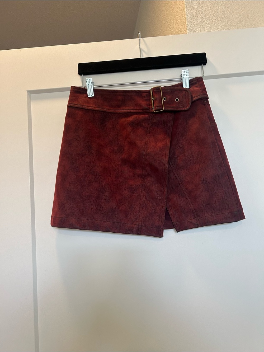 Free People Wine Red Suede-Look Wrap Mini Skirt with Belt
